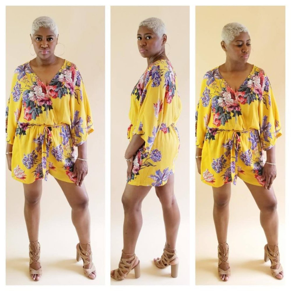 Floral Wrap Front Romper Yellow